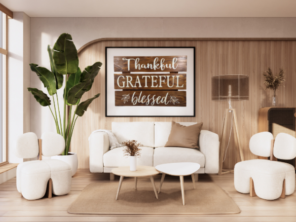 elegant 3-tiered wood sign stained with Early American stain that reads thankful, grateful, blessed