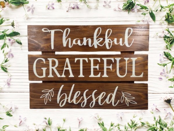 elegant 3-tiered wood sign stained with Early American stain that reads thankful, grateful, blessed