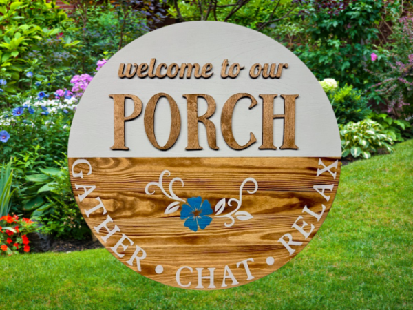 Beautiful pine wood round sign that says "Welcome to Our Porch" - wood is torched and stained in Early American - top is crisp white with laser lettering
