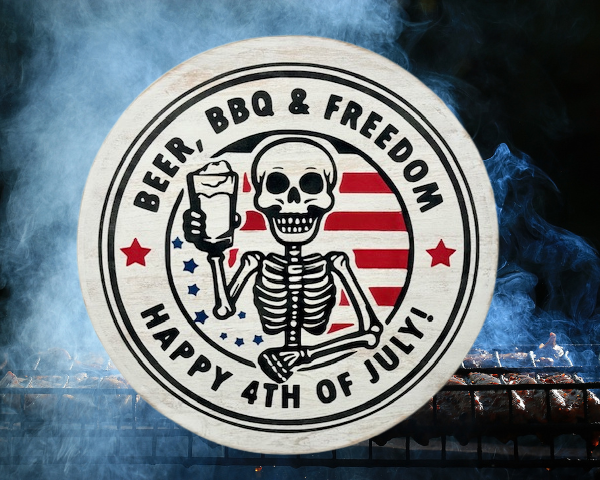 distressed round wood sign that reads Happy 4th of July and includes the phrase Beer, BBQ, and Freedom; sign features a skeleton in the center, smiling and holding a cold mug of beer