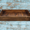 wooden rustic serving tray made from cedar and stained in Early American stain; black handles are added to each side for a farmhouse appeal