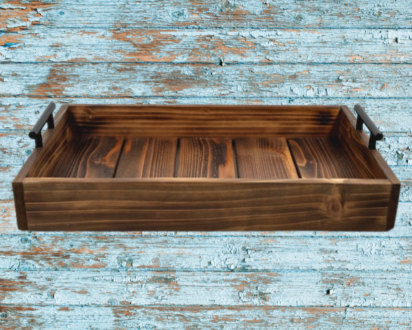 wooden rustic serving tray made from cedar and stained in Early American stain; black handles are added to each side for a farmhouse appeal