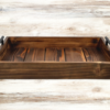 wooden rustic serving tray made from cedar and stained in Early American stain; black handles are added to each side for a farmhouse appeal