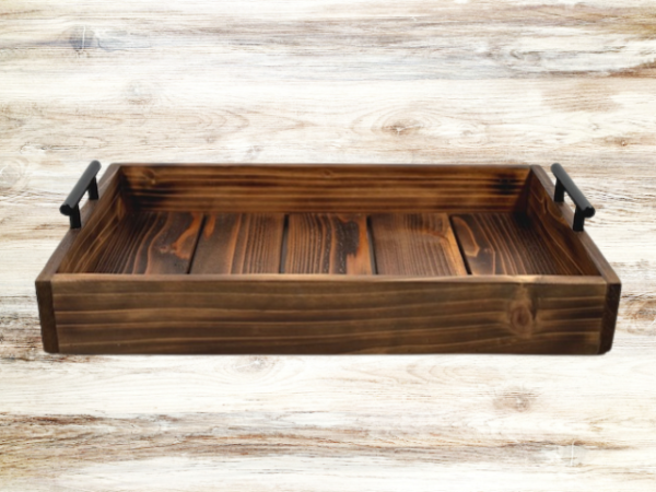 wooden rustic serving tray made from cedar and stained in Early American stain; black handles are added to each side for a farmhouse appeal