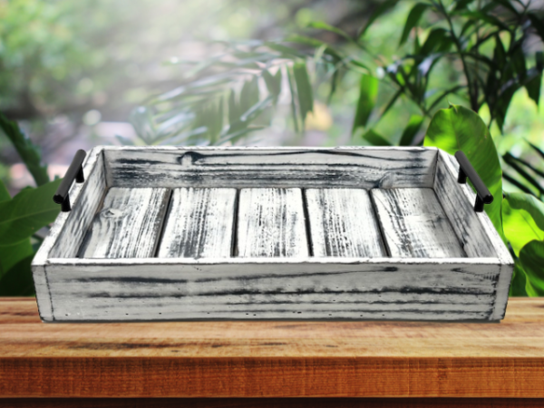 black and white rustic farmhouse serving tray made from cedar with black handles on either side