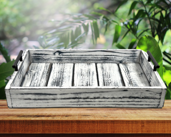 black and white rustic farmhouse serving tray made from cedar with black handles on either side