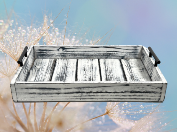 black and white rustic farmhouse serving tray made from cedar with black handles on either side