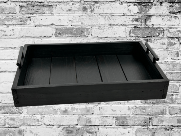 rustic black serving tray with black handles