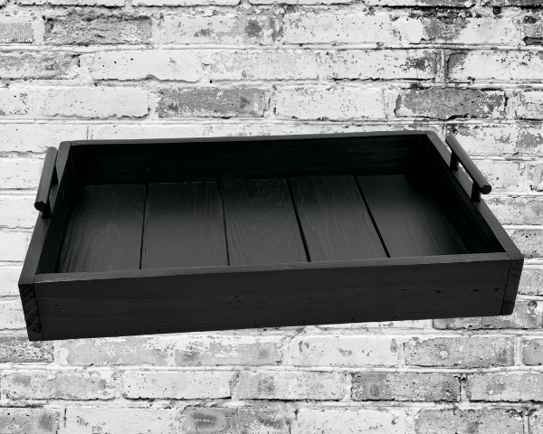 rustic black serving tray with black handles