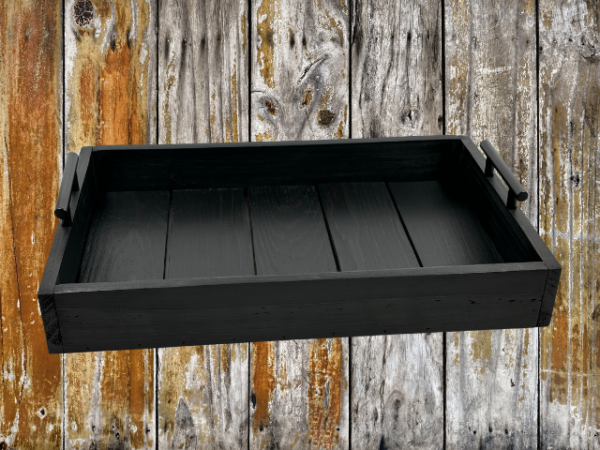 rustic black serving tray with black handles