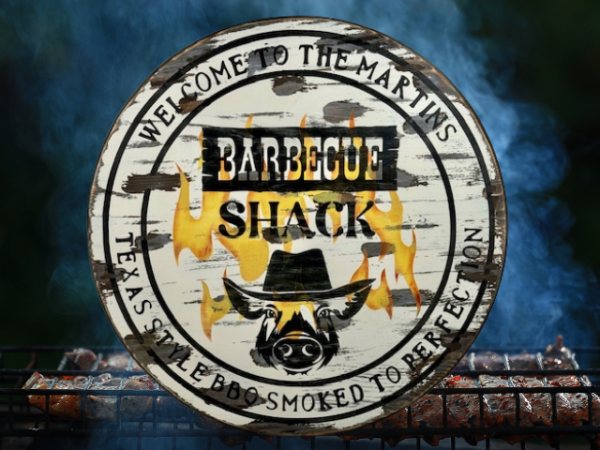 pine wood round personalized sign - distressed, rustic and reads Welcome to our BBQ Shack - Texas Style BBQ smoke to perfection