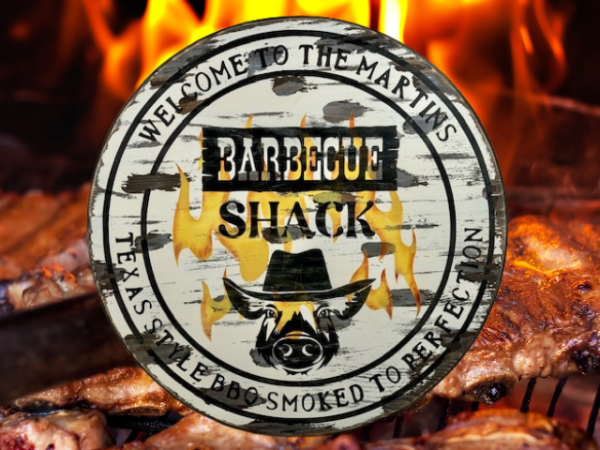 pine wood round personalized sign - distressed, rustic and reads Welcome to our BBQ Shack - Texas Style BBQ smoke to perfection