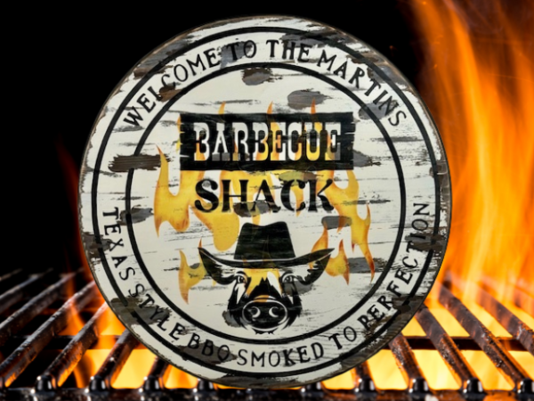 pine wood round personalized sign - distressed, rustic and reads Welcome to our BBQ Shack - Texas Style BBQ smoke to perfection