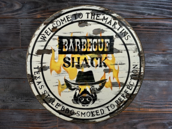 pine wood round personalized sign - distressed, rustic and reads Welcome to our BBQ Shack - Texas Style BBQ smoke to perfection