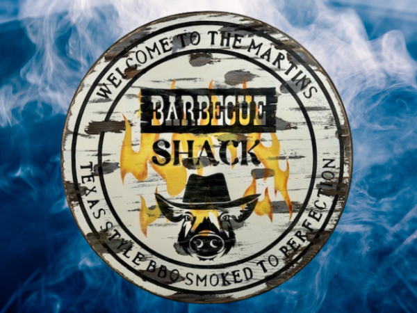 pine wood round personalized sign - distressed, rustic and reads Welcome to our BBQ Shack - Texas Style BBQ smoke to perfection