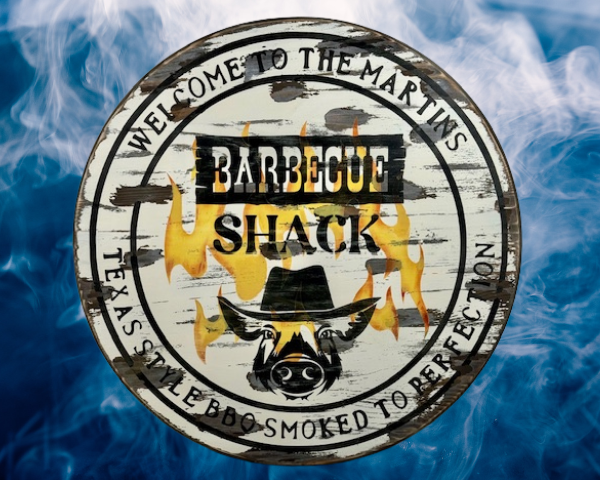 pine wood round personalized sign - distressed, rustic and reads Welcome to our BBQ Shack - Texas Style BBQ smoke to perfection