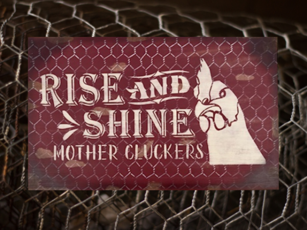 distressed red chicken sign with chicken wire background - sign reads Rise and Shine Mother Cluckers