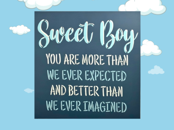 Dark blue, light blue and white baby boy nursery sign that is titled "sweet boy"