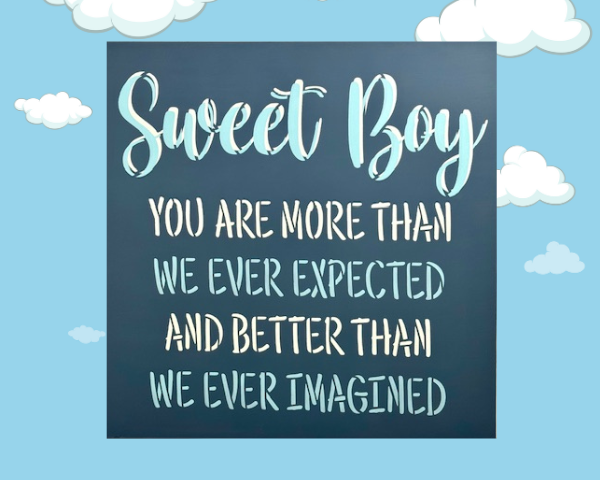 Dark blue, light blue and white baby boy nursery sign that is titled "sweet boy"