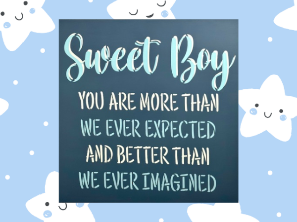 Dark blue, light blue and white baby boy nursery sign that is titled "sweet boy"