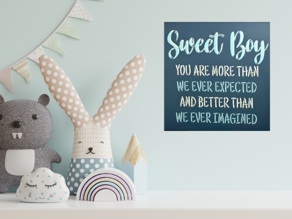 Dark blue, light blue and white baby boy nursery sign that is titled "sweet boy"