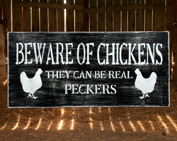 black and white distressed sign that reads "beware of chickens, they can be real peckers"