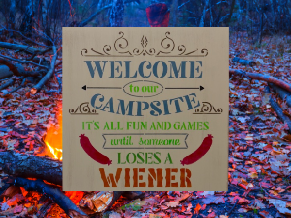 rustic camping sign that reads "Welcome to our campsite, it's all fun and games until someone loses a weiner