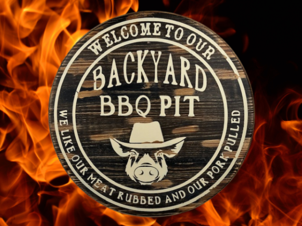 wood round pine rustic BBQ sign that reads Welcome to our Backyard BBQ - we like our meat rubbed and our pork pulled