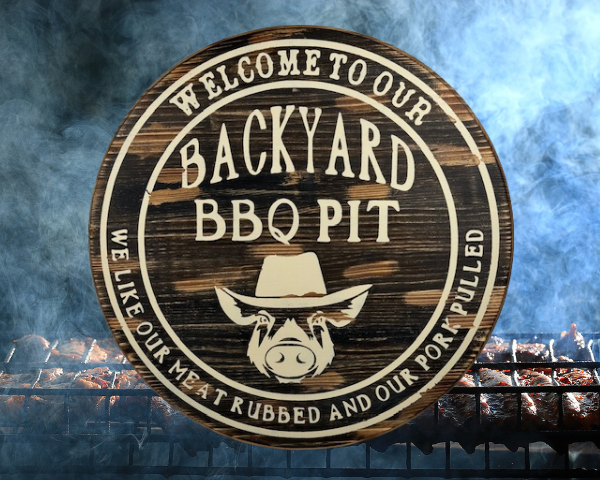 wood round pine rustic BBQ sign that reads Welcome to our Backyard BBQ - we like our meat rubbed and our pork pulled