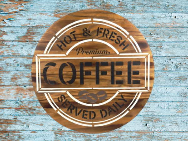 beautiful 15" pine wood round coffee sign - background is Early American stain with Ivory and black lettering