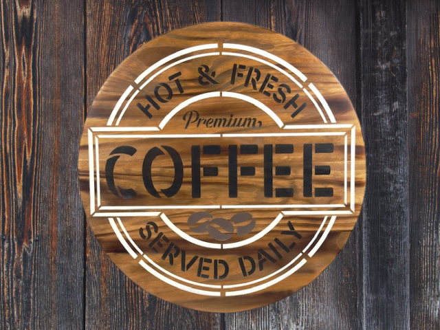 beautiful 15" pine wood round coffee sign - background is Early American stain with Ivory and black lettering