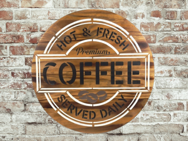 beautiful 15" pine wood round coffee sign - background is Early American stain with Ivory and black lettering