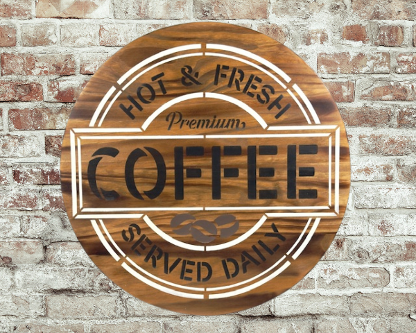 beautiful 15" pine wood round coffee sign - background is Early American stain with Ivory and black lettering