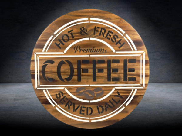 beautiful 15" pine wood round coffee sign - background is Early American stain with Ivory and black lettering