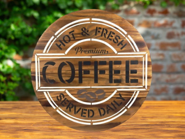 beautiful 15" pine wood round coffee sign - background is Early American stain with Ivory and black lettering