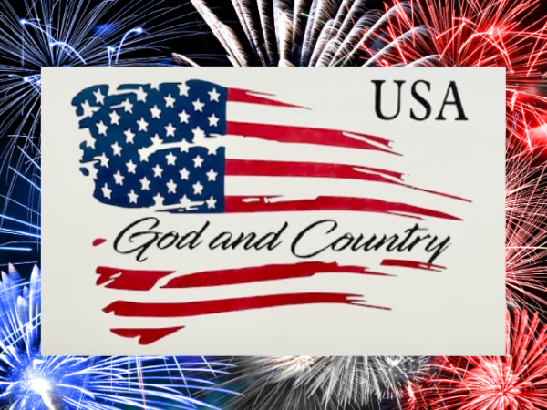 God and Country Patriotic Sign featuring a crisp white background with the words God and Country placed throughout a red, white and blue flag