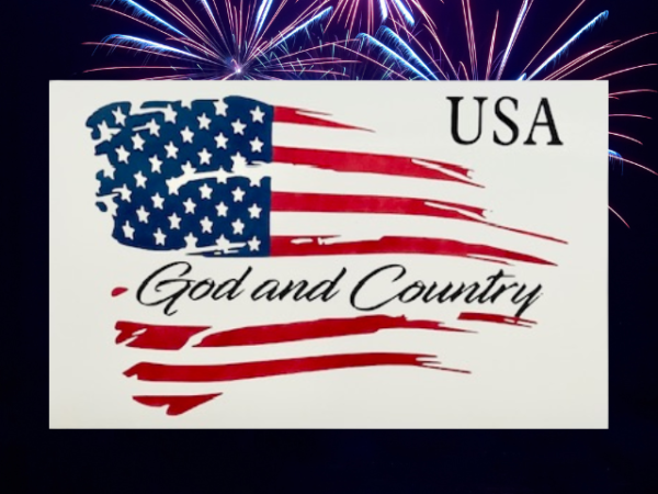 God and Country Patriotic Sign featuring a crisp white background with the words God and Country placed throughout a red, white and blue flag