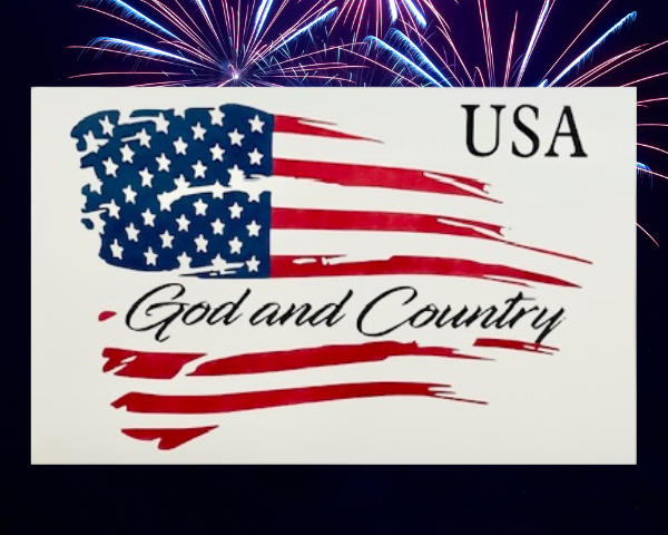 God and Country Patriotic Sign featuring a crisp white background with the words God and Country placed throughout a red, white and blue flag