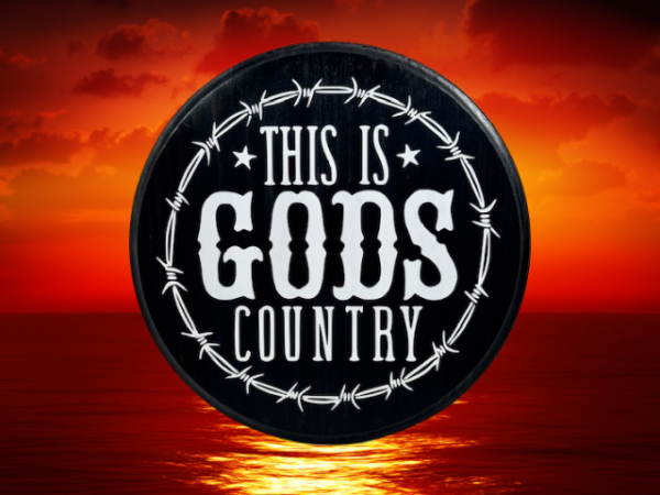 beautiful black and white pine wood round sign that reads "This is Gods Country" with painted barbed wire around the sign