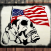 striking patriotic sign on a rustic white background featuring a skull with military tags wrapped around it - behind the skull is a USA flag