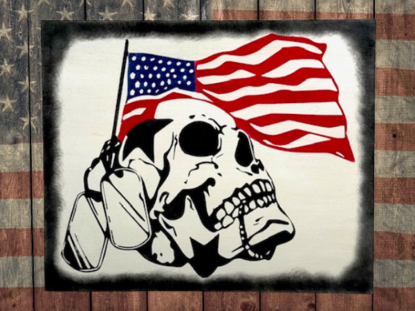 striking patriotic sign on a rustic white background featuring a skull with military tags wrapped around it - behind the skull is a USA flag