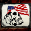 striking patriotic sign on a rustic white background featuring a skull with military tags wrapped around it - behind the skull is a USA flag
