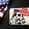 striking patriotic sign on a rustic white background featuring a skull with military tags wrapped around it - behind the skull is a USA flag