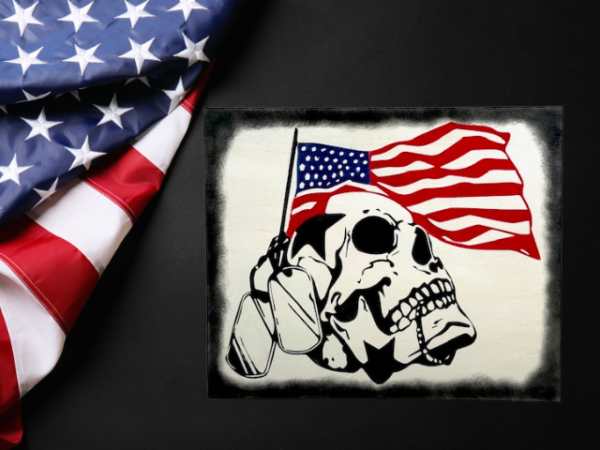 striking patriotic sign on a rustic white background featuring a skull with military tags wrapped around it - behind the skull is a USA flag