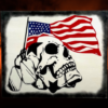 striking patriotic sign on a rustic white background featuring a skull with military tags wrapped around it - behind the skull is a USA flag