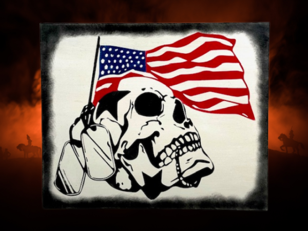 striking patriotic sign on a rustic white background featuring a skull with military tags wrapped around it - behind the skull is a USA flag