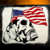 striking patriotic sign on a rustic white background featuring a skull with military tags wrapped around it - behind the skull is a USA flag