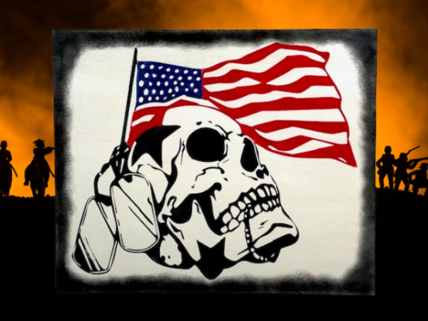 striking patriotic sign on a rustic white background featuring a skull with military tags wrapped around it - behind the skull is a USA flag