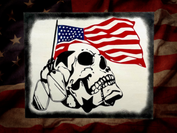 striking patriotic sign on a rustic white background featuring a skull with military tags wrapped around it - behind the skull is a USA flag