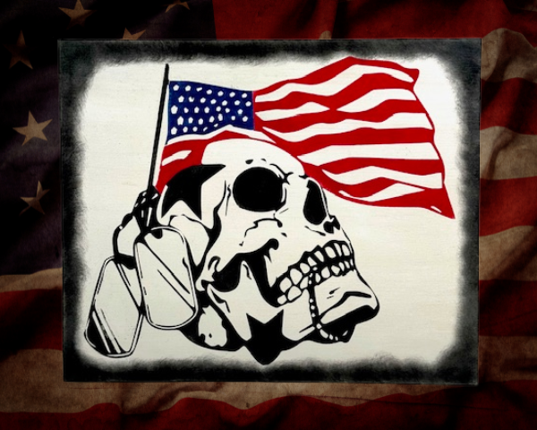 striking patriotic sign on a rustic white background featuring a skull with military tags wrapped around it - behind the skull is a USA flag